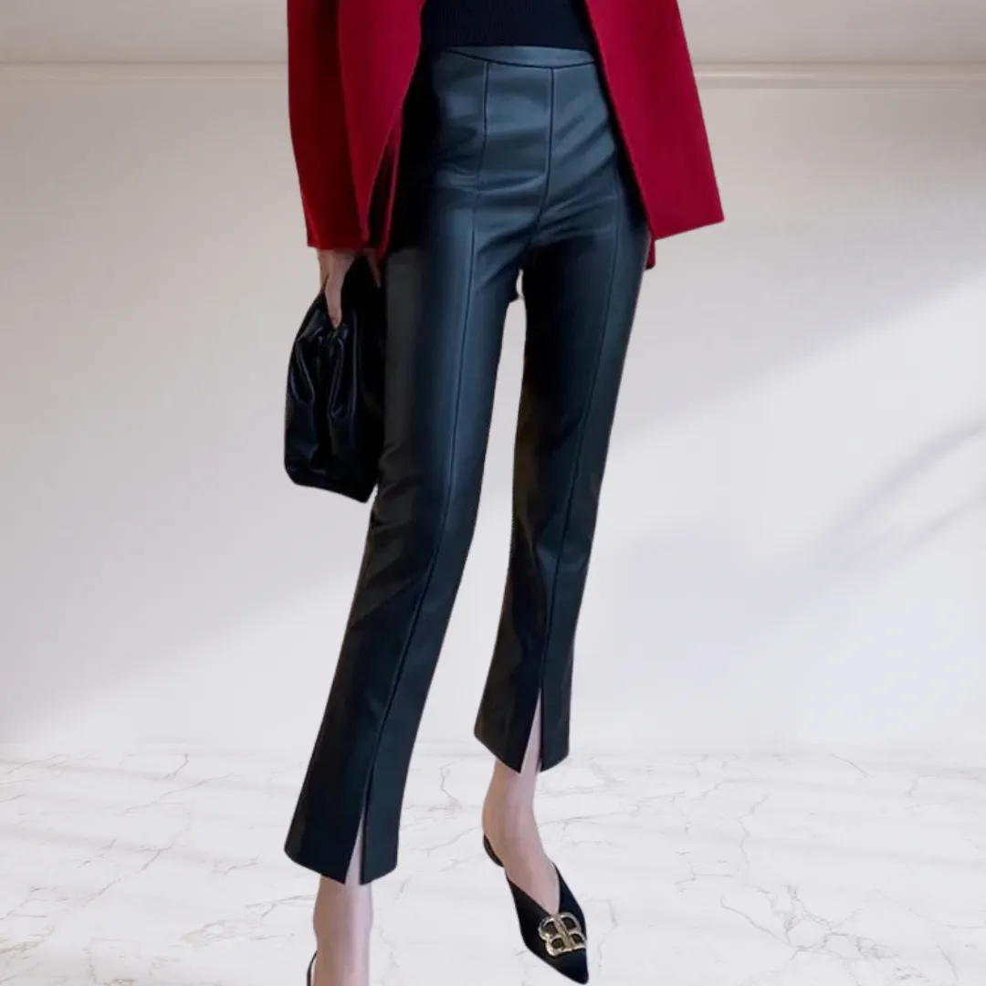 Front Slit Leather Skinny Ankle Pants