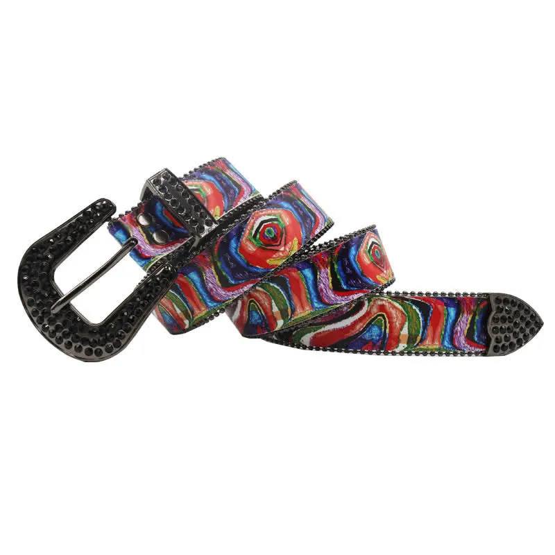 Graffiti Rainbow Printed Rhinestones Buckle Leather Belt