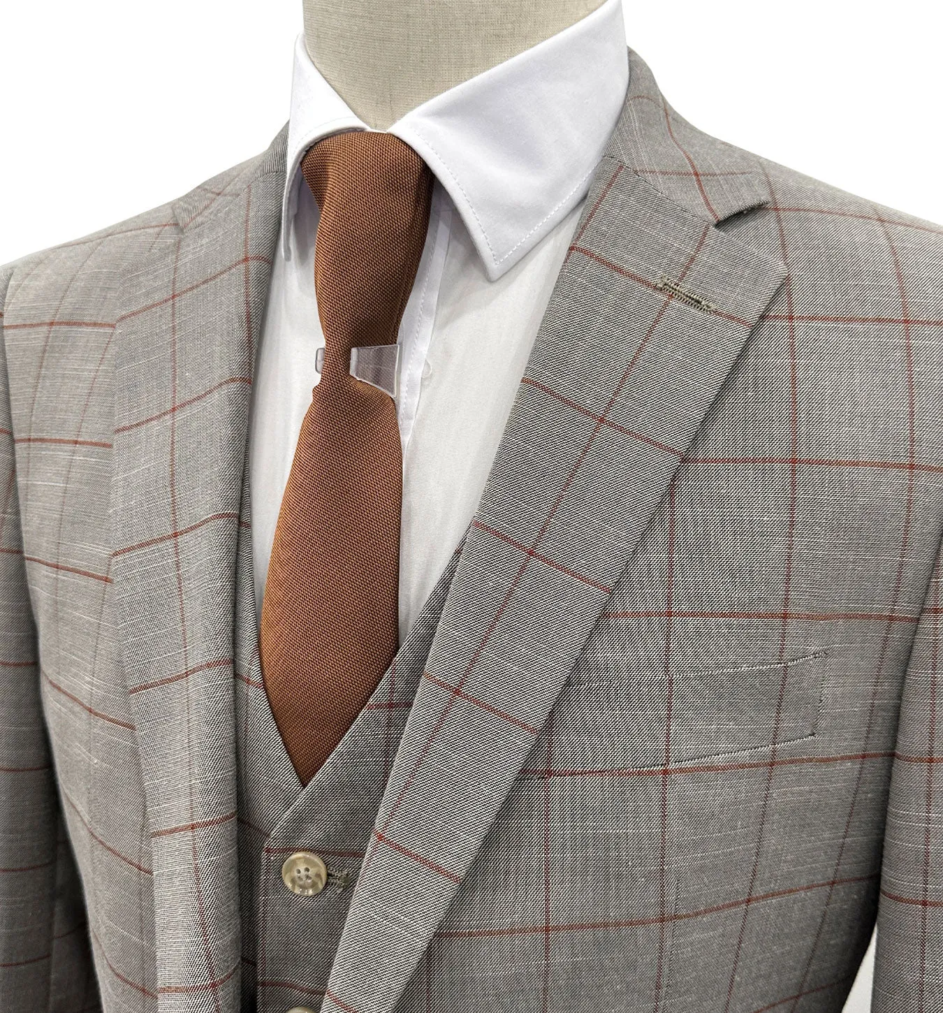 MDZ Windowpane Vested Modern Fit Suit - Gray with Rust