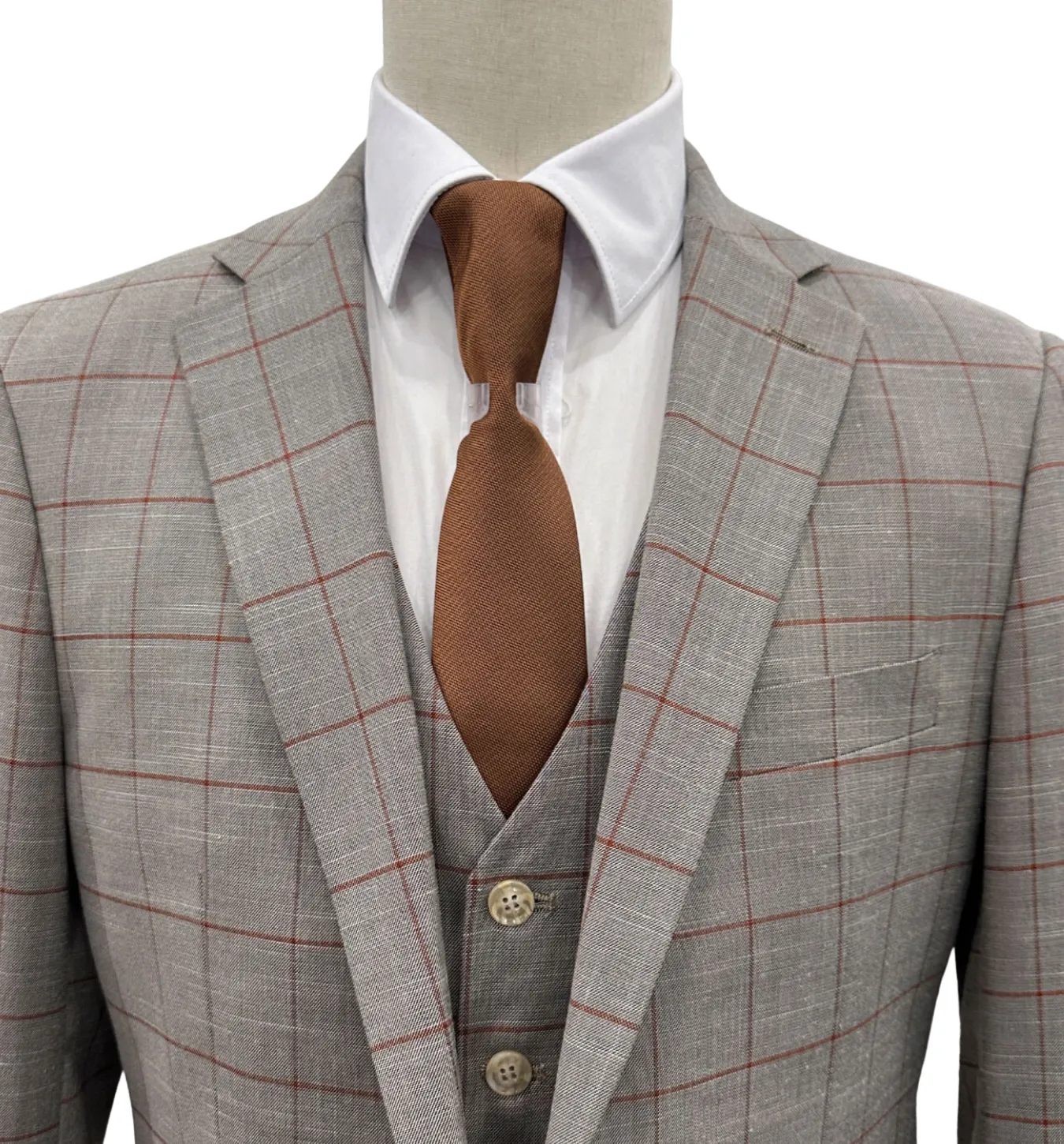 MDZ Windowpane Vested Modern Fit Suit - Gray with Rust