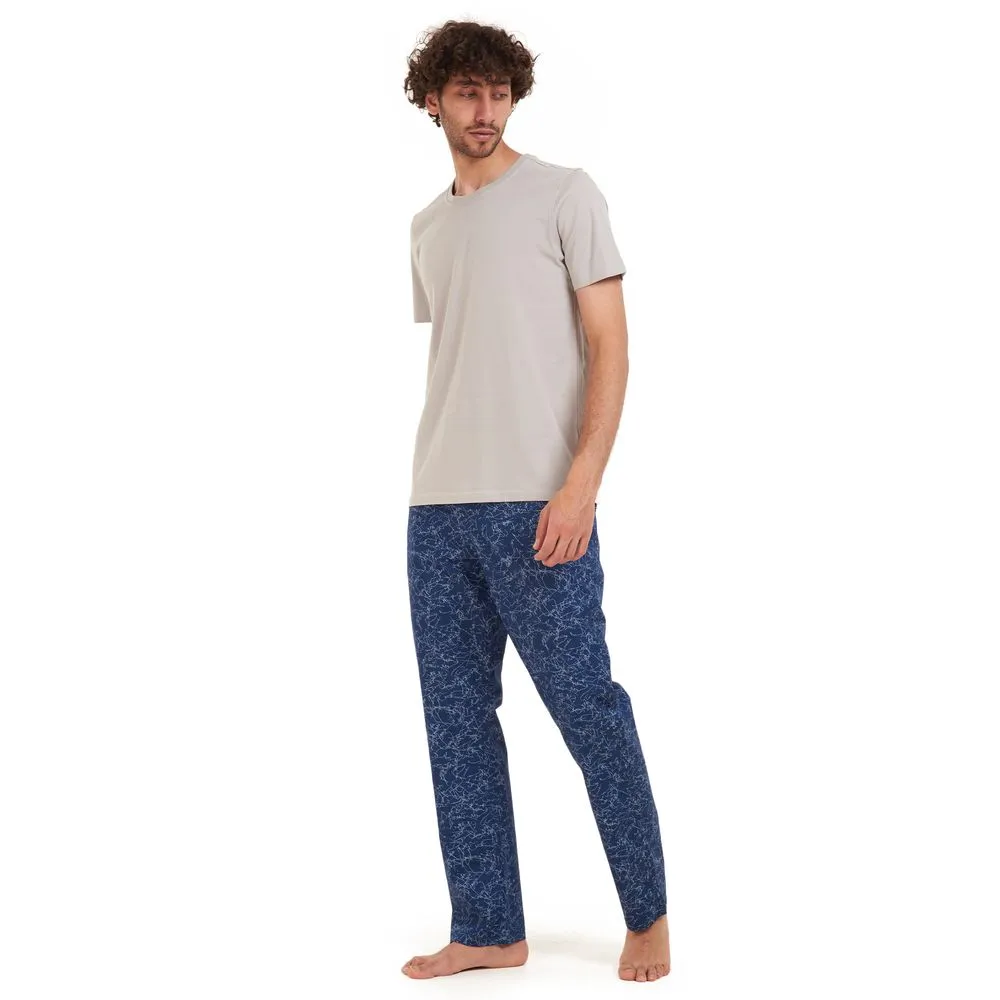 Men summer pajama set Grey T-shirt   light blue lines pants