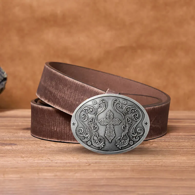 Men's DIY Cross Carving Creative Beer Holder Buckle Leather Belt