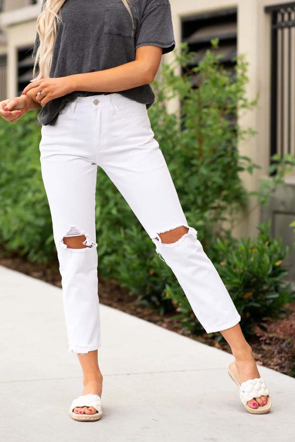 Optic White Distressed Mom Jeans