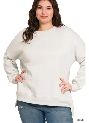 Plus Fleece Hi Low Boyfriend Sweater in Bone by Zenana