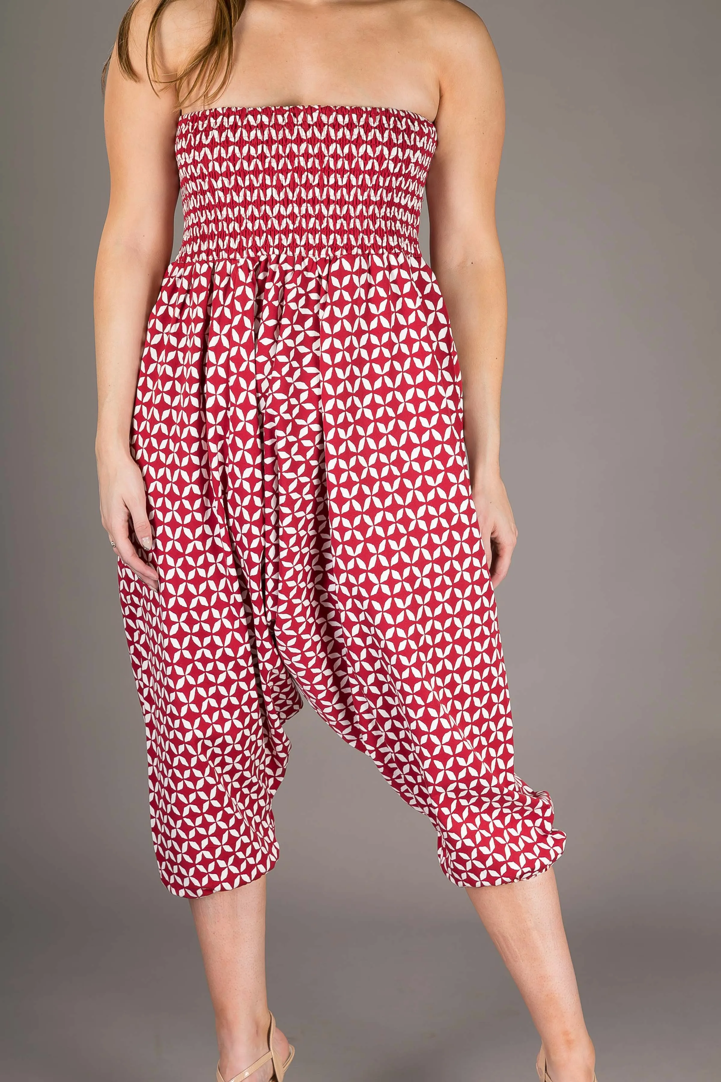 Red Denim Cotton Harem Yoga Jumpsuit Pants