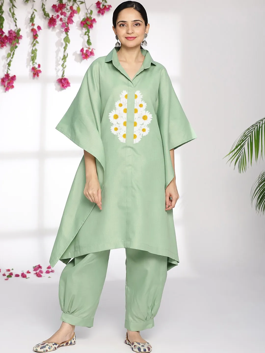 SageGreen CottonSlub ShirtKaftan - Daislyn