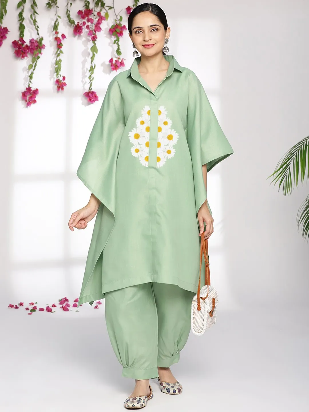 SageGreen CottonSlub ShirtKaftan - Daislyn