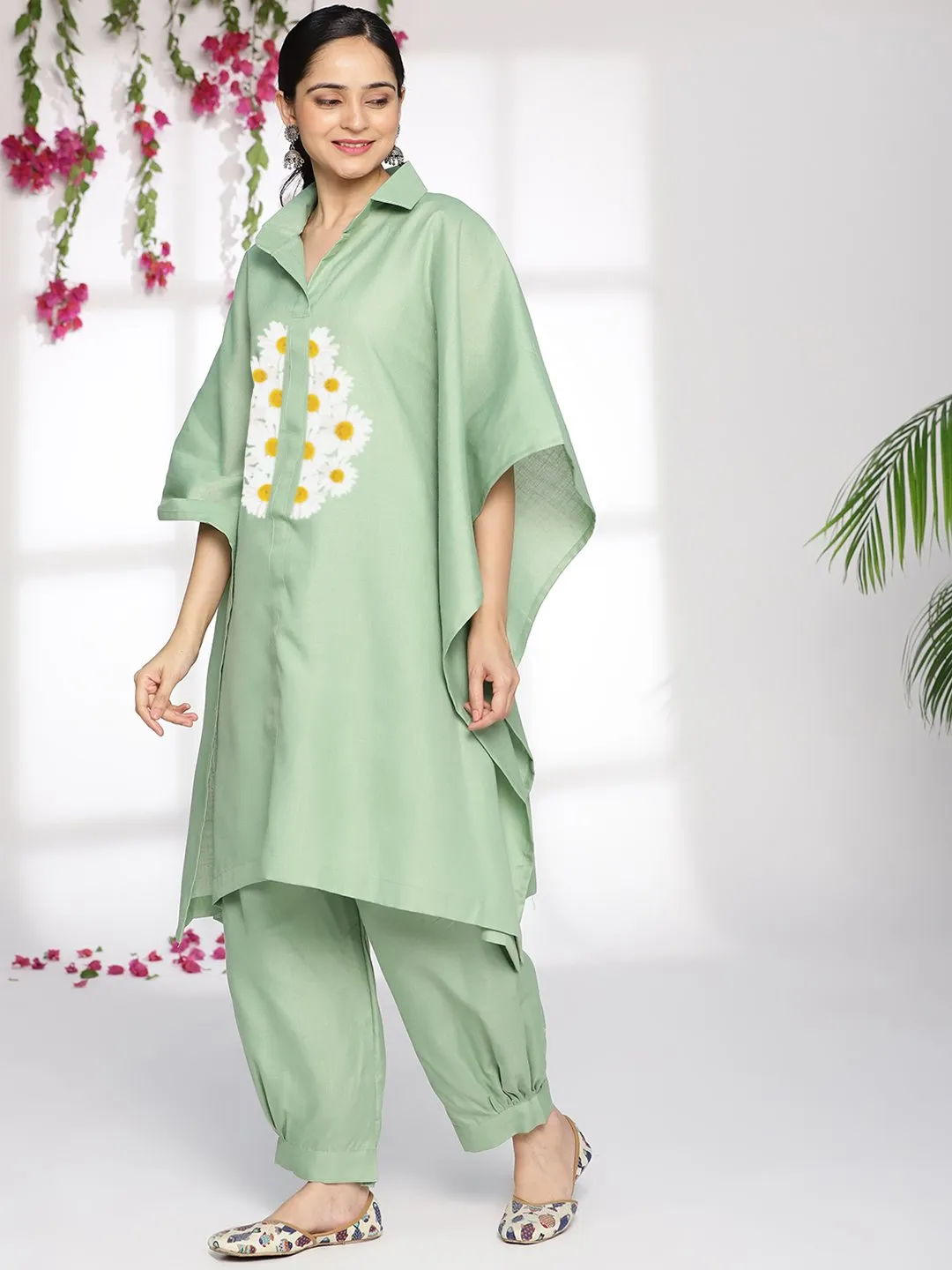 SageGreen CottonSlub ShirtKaftan - Daislyn