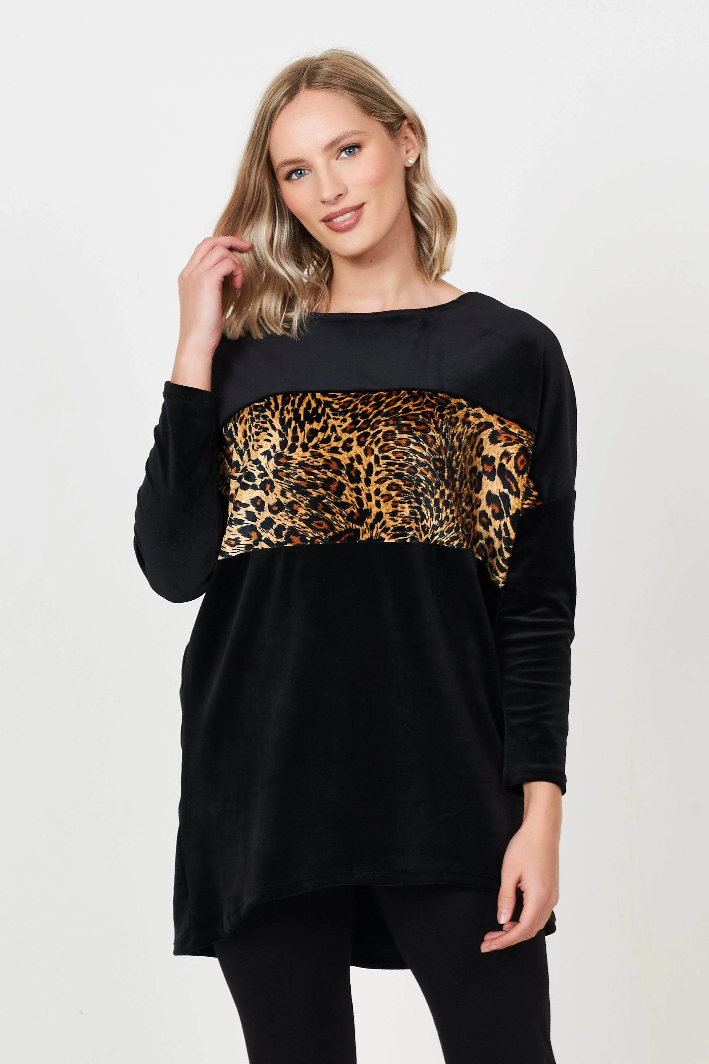 Saloos Velvet Animal Print Panel Design Top