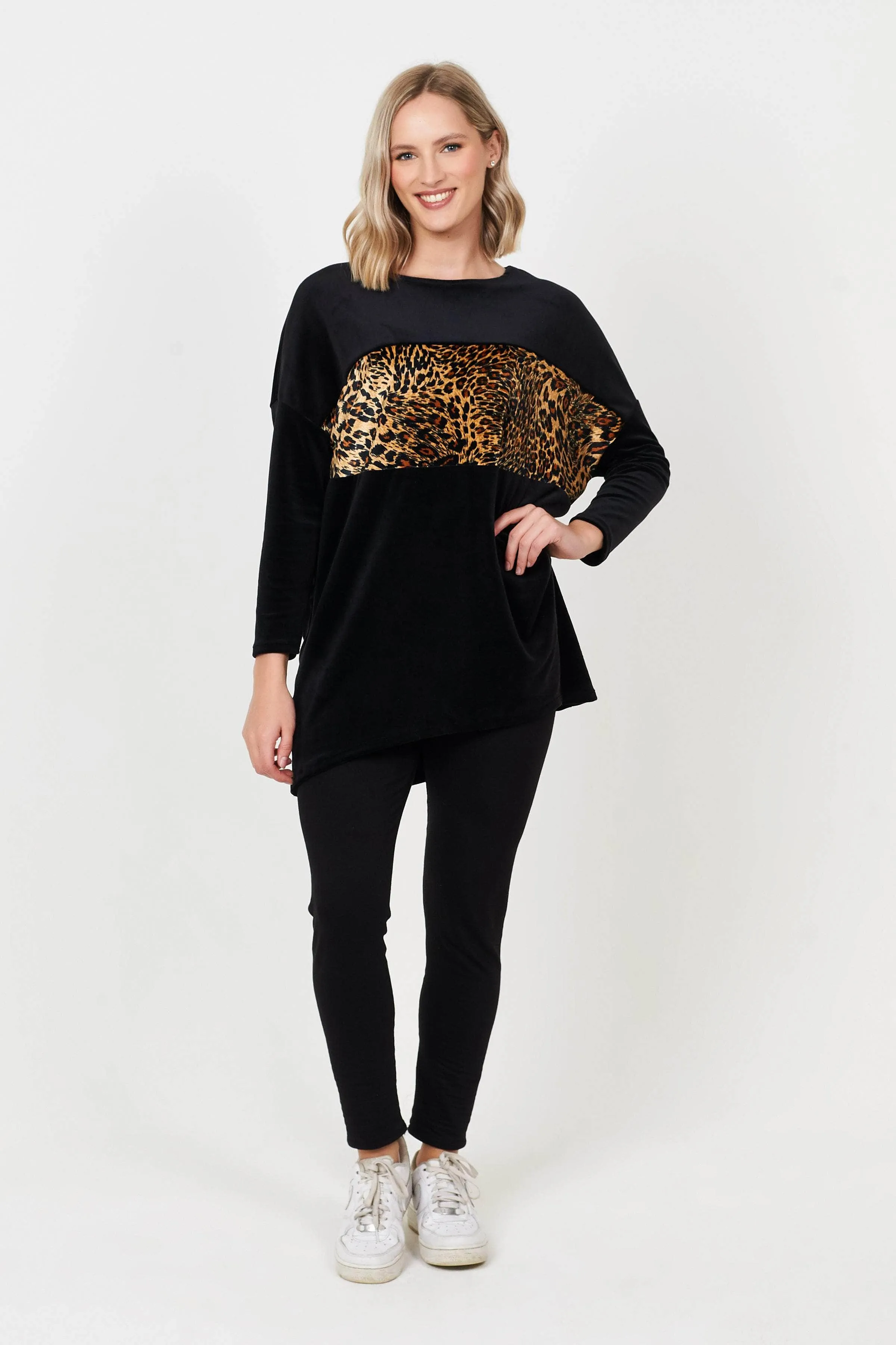 Saloos Velvet Animal Print Panel Design Top