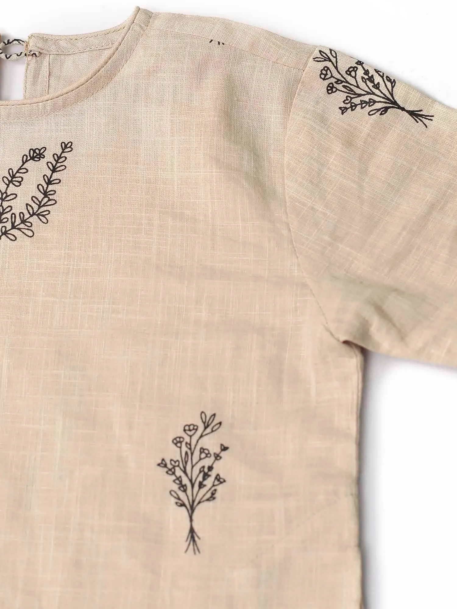 Set of 2: Beige Cotton Slub Block Printed Short Kurta and Printed Pants