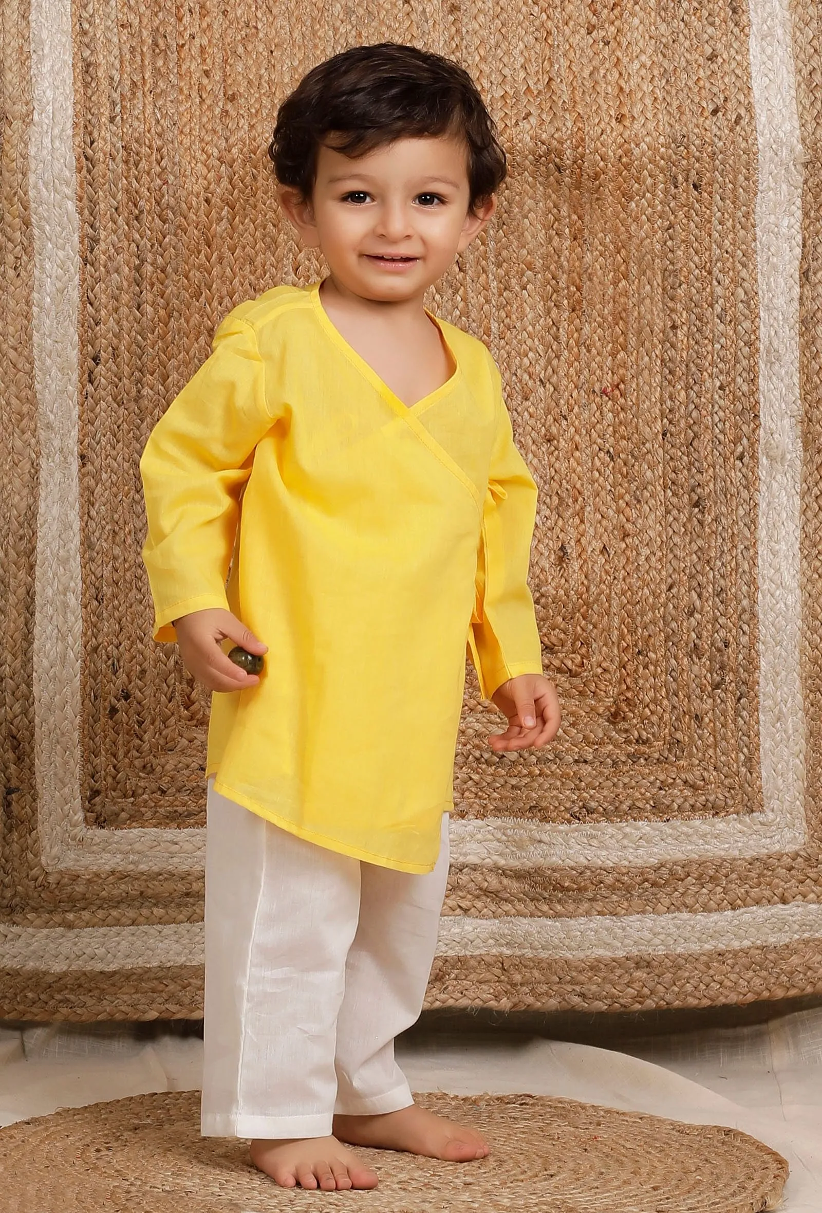 Set Of 2: Yellow Wrap Around Mul Mul Kurta With Off-white Mul Mul Pant