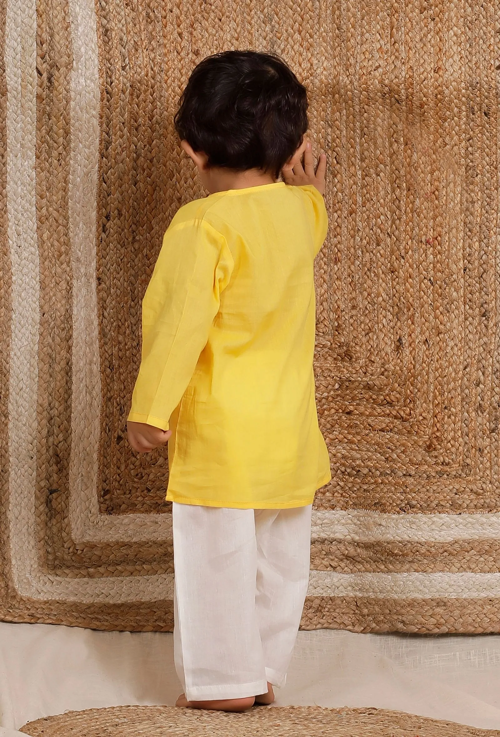 Set Of 2: Yellow Wrap Around Mul Mul Kurta With Off-white Mul Mul Pant