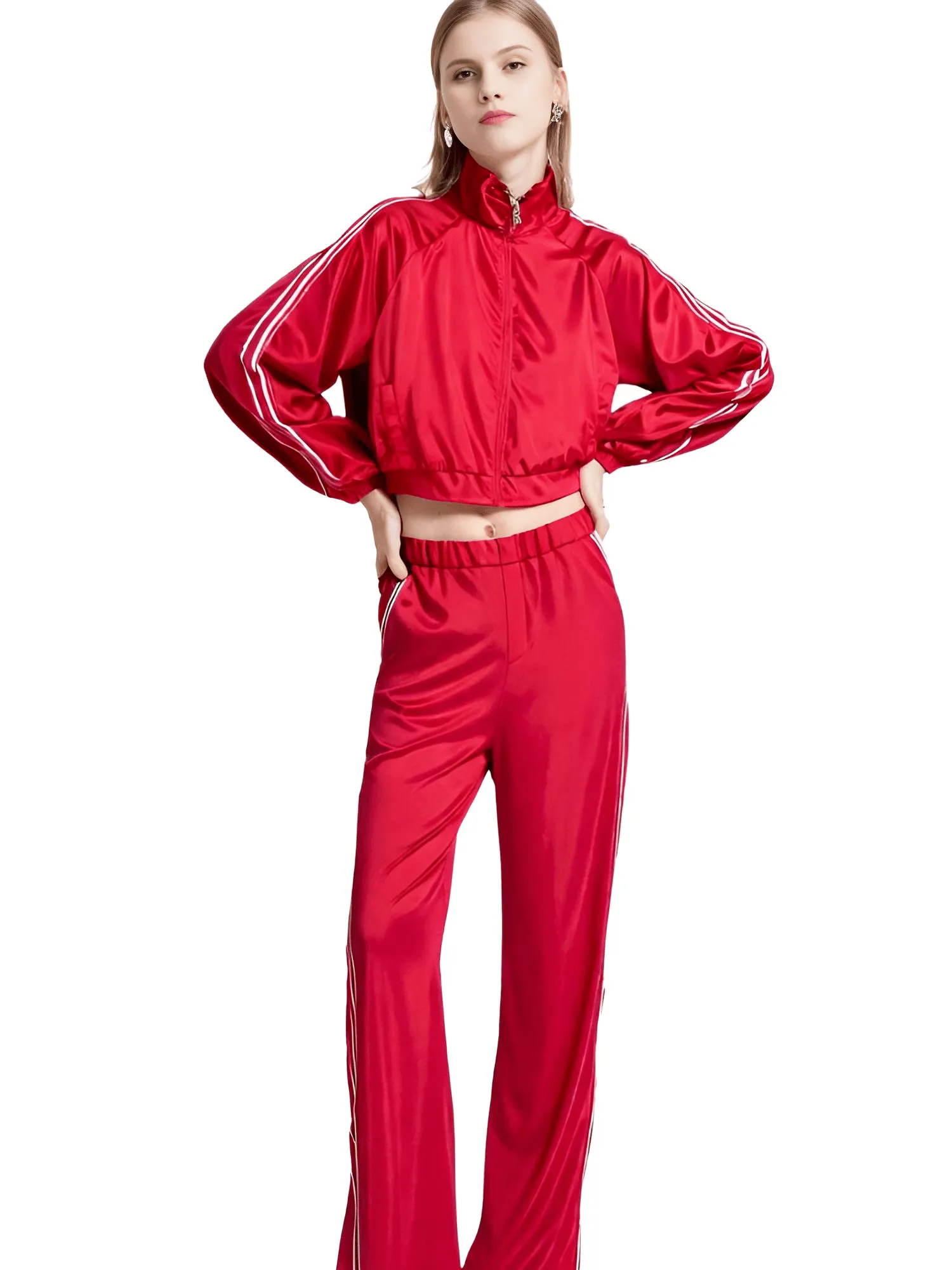 Side Zipper Straight Pant Loose Red Wide Leg Pants Jacket Fashion Streetwear