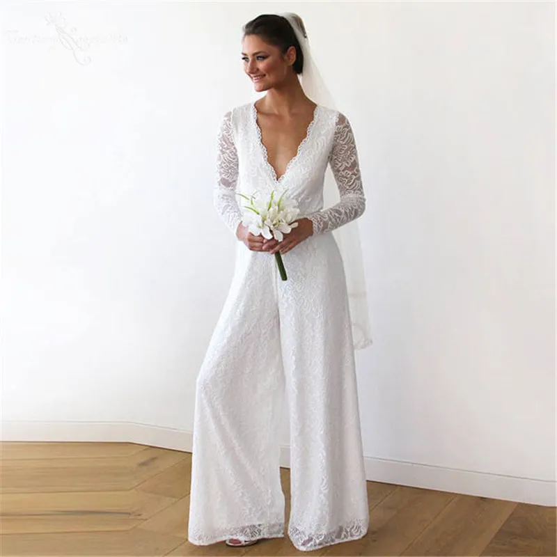 Simple Women Jumpsuits Boho Wedding Dresses Long Sleeve V-Neck Lace Bride Reception Jumpsuit Bridal Pantsuits