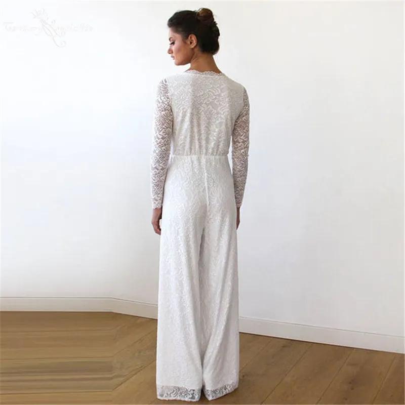 Simple Women Jumpsuits Boho Wedding Dresses Long Sleeve V-Neck Lace Bride Reception Jumpsuit Bridal Pantsuits