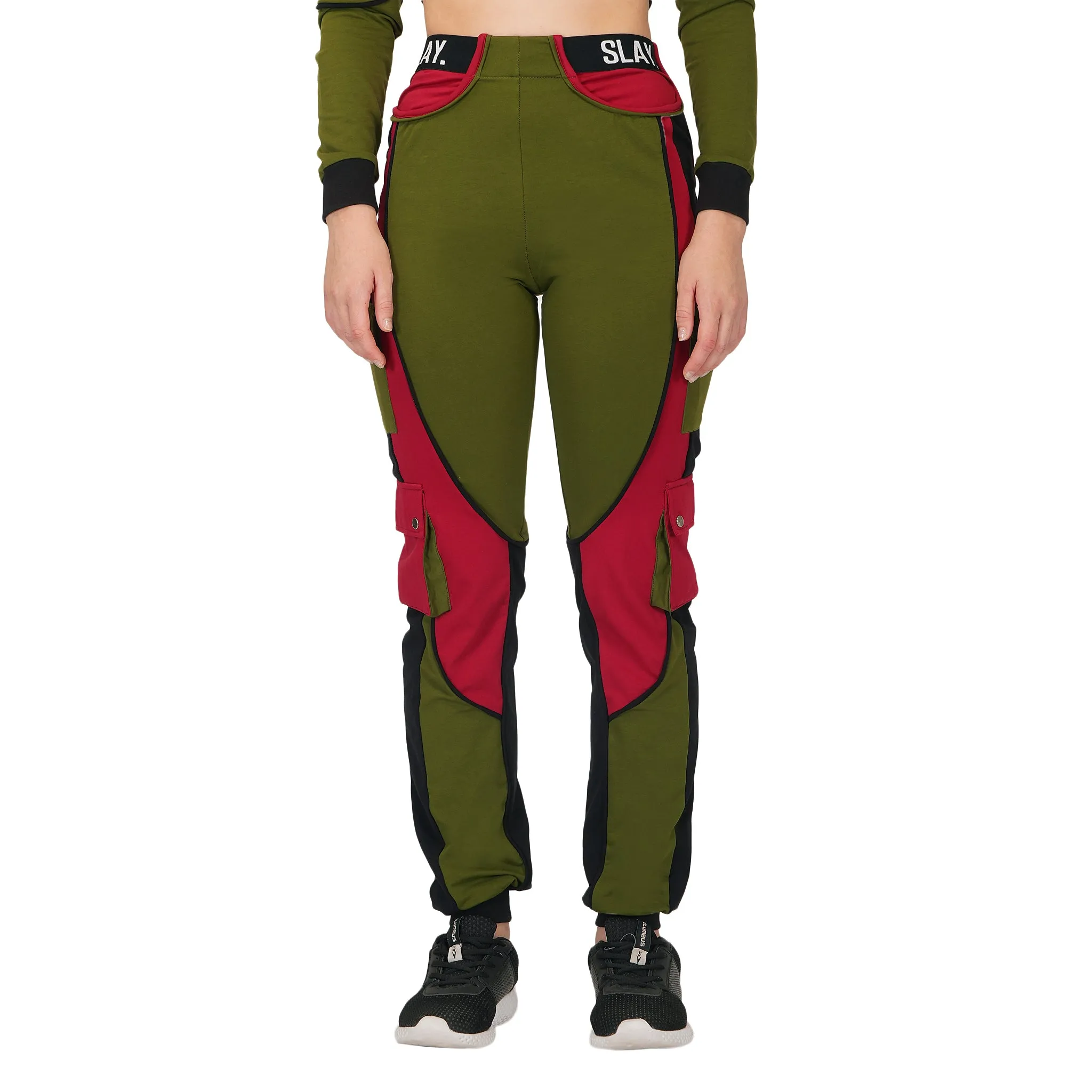 SLAY. Women's Activewear Tracksuit Green Red Black Colorblock Crop Jacket & Cargo Pants Co-ord Set