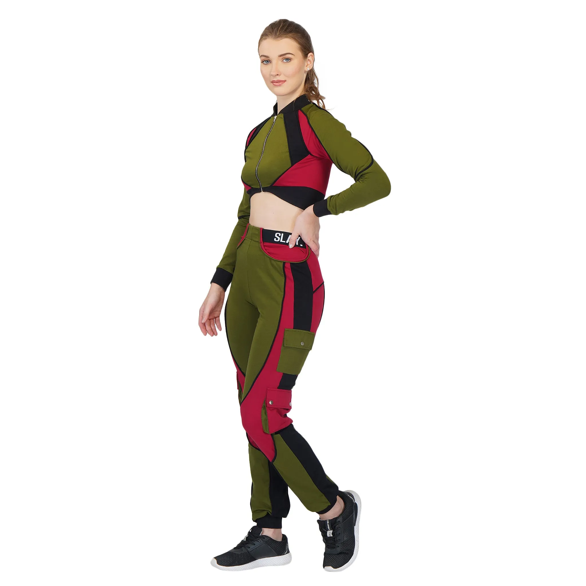 SLAY. Women's Activewear Tracksuit Green Red Black Colorblock Crop Jacket & Cargo Pants Co-ord Set