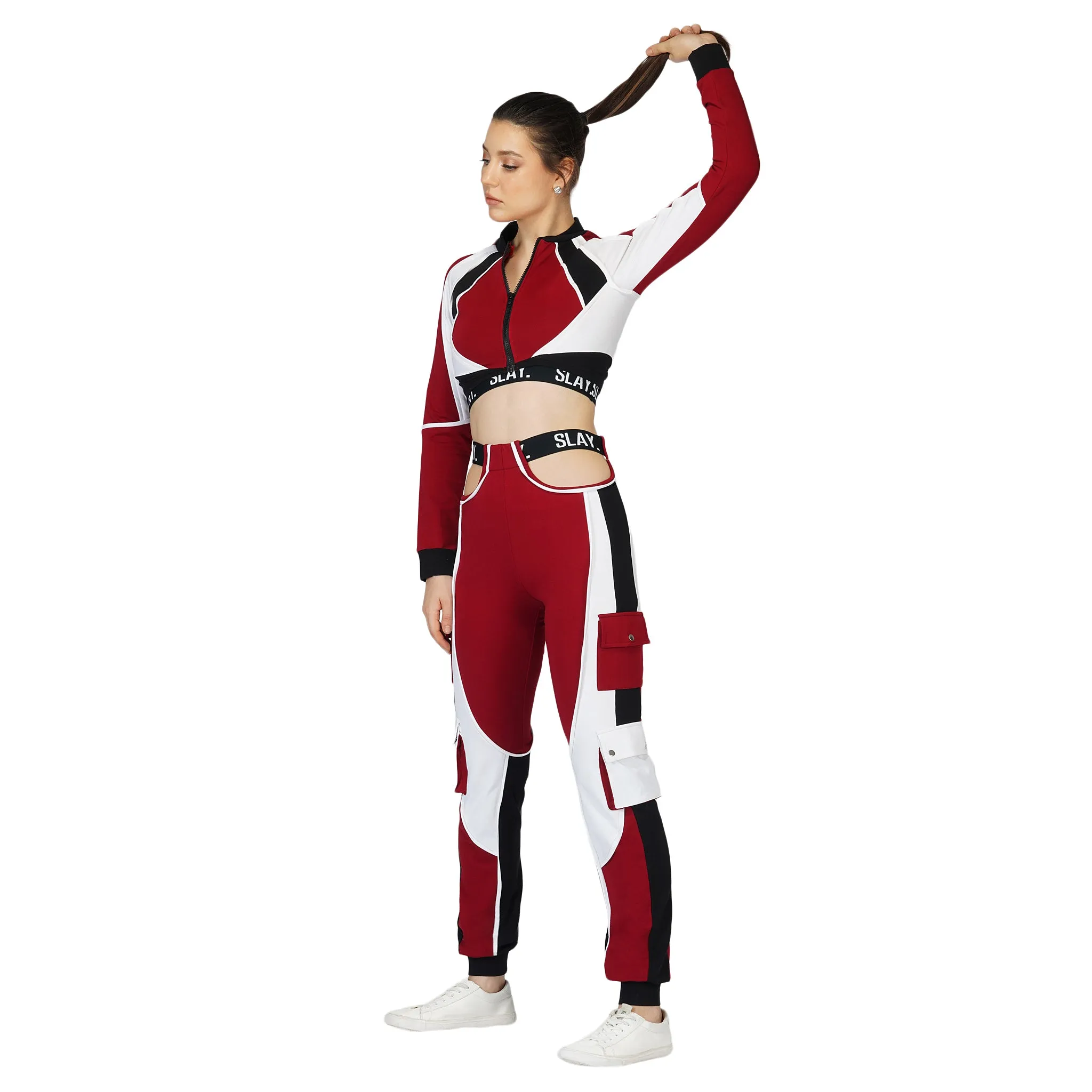 SLAY. Women's Activewear Tracksuit Red Colorblock Crop Jacket & High waist Cargo Pants Co-ord set