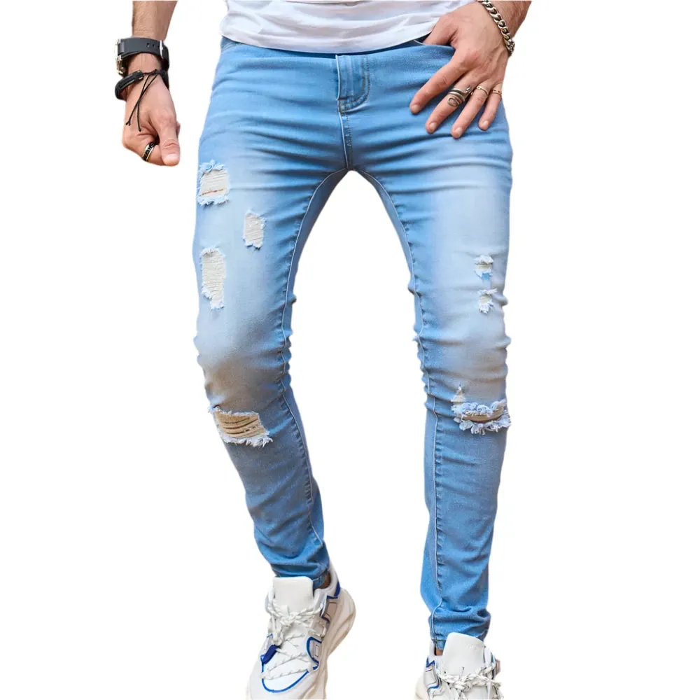 Stylish Streetwear Men Skinny Jeans Holes Solid Casual Slim Denim Pants