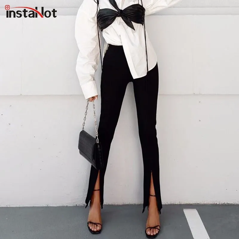 Trendy High Waist Black Split Slim Flare Black Pants