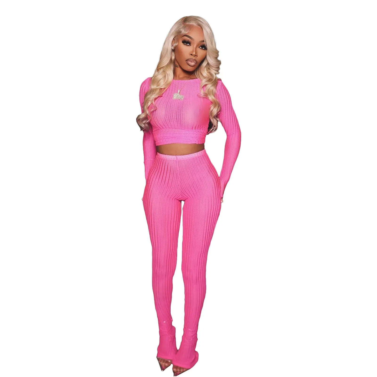 Trendy Mesh Hollow Out 2 Piece Top and Pants Set