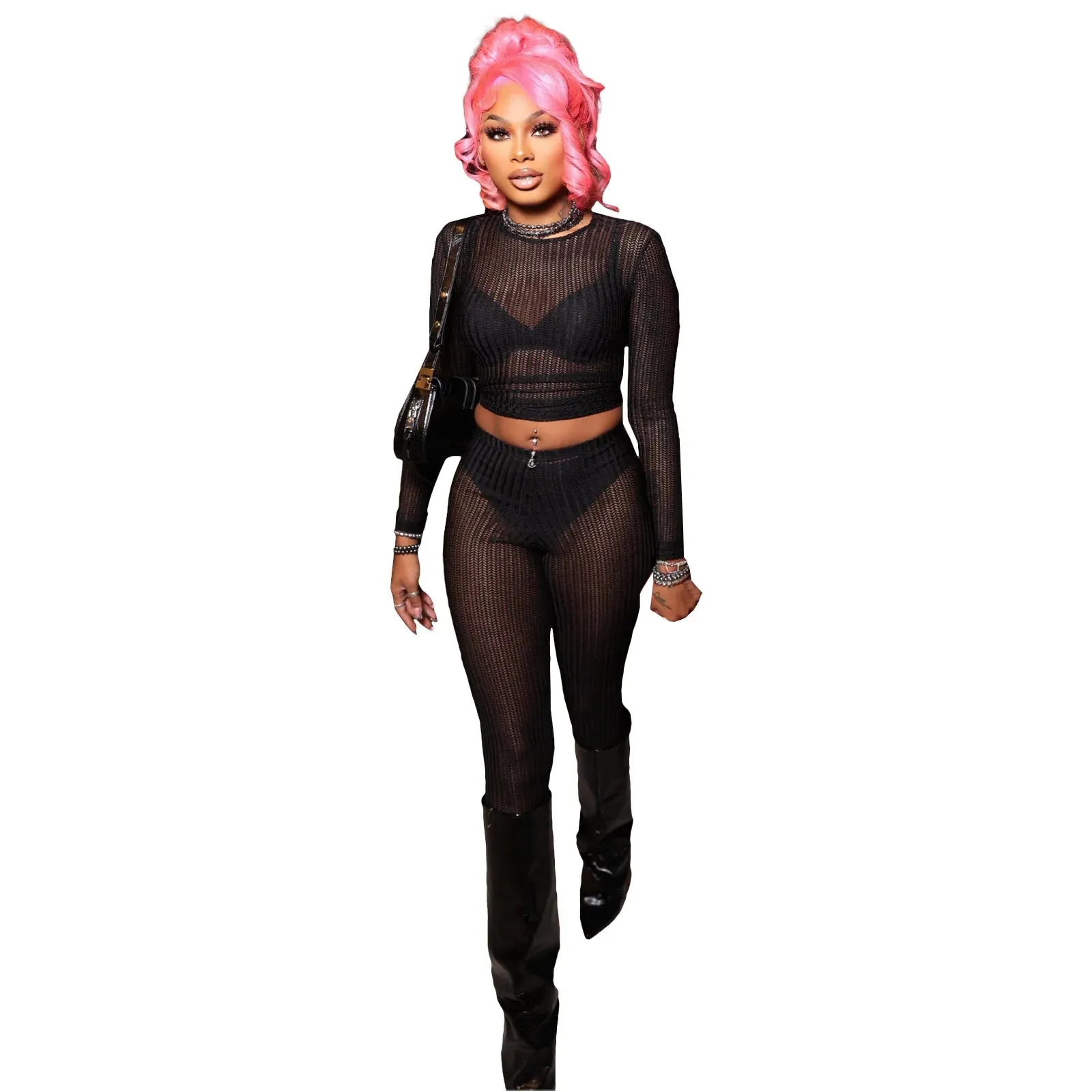 Trendy Mesh Hollow Out 2 Piece Top and Pants Set