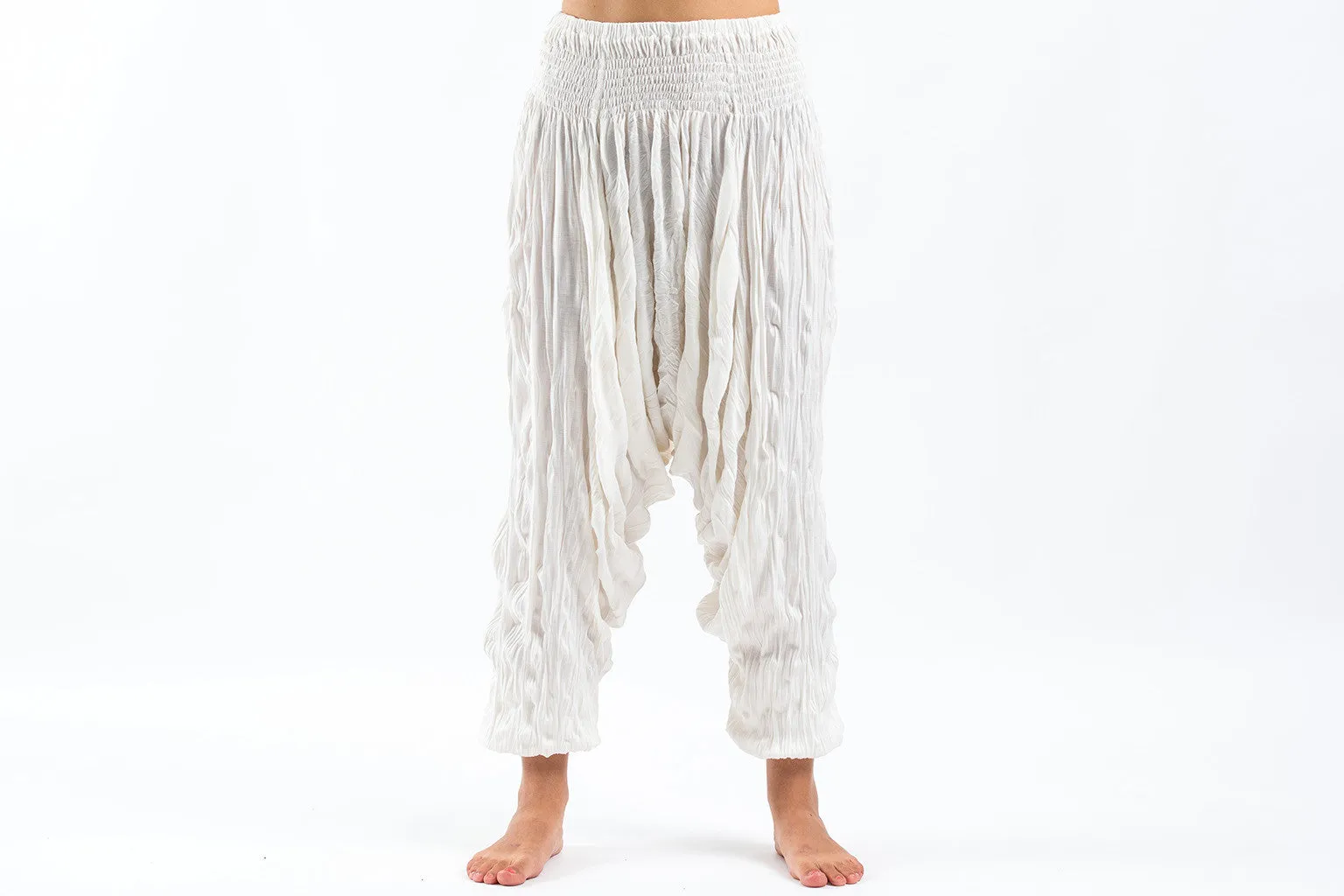 Unisex Crinkled Cotton Harem Pants in White