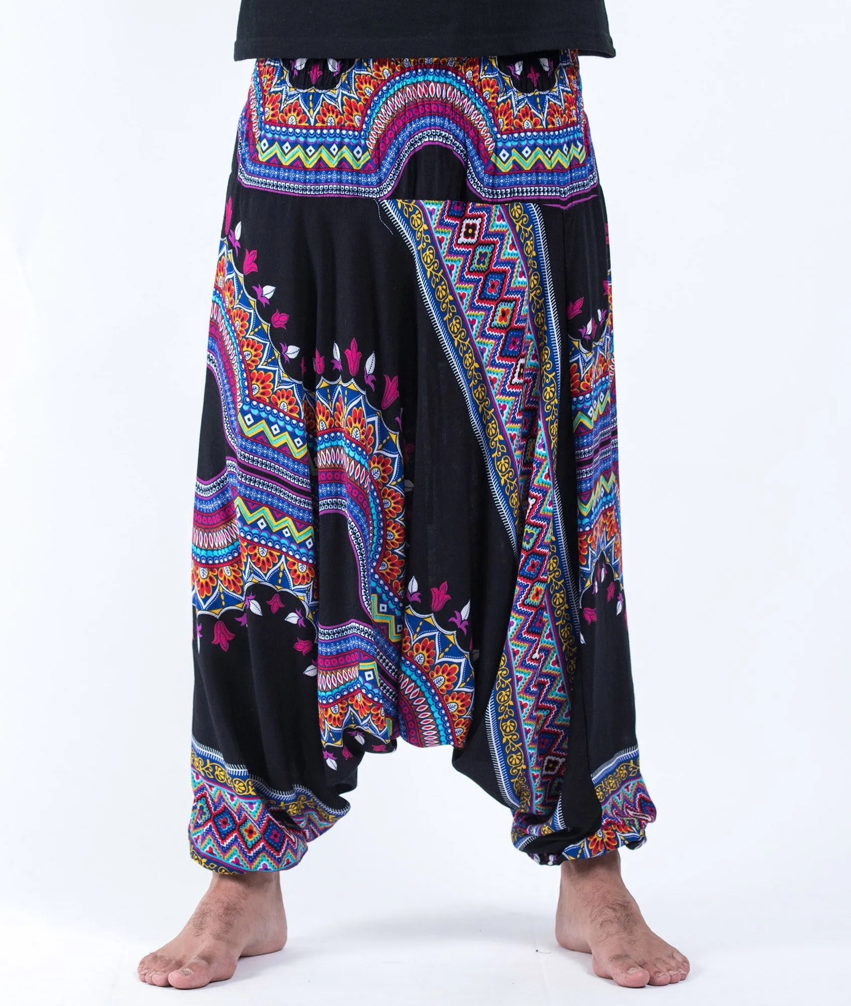 Unisex Dashiki Prints Drop Crotch Jumpsuit Harem Pants in Black