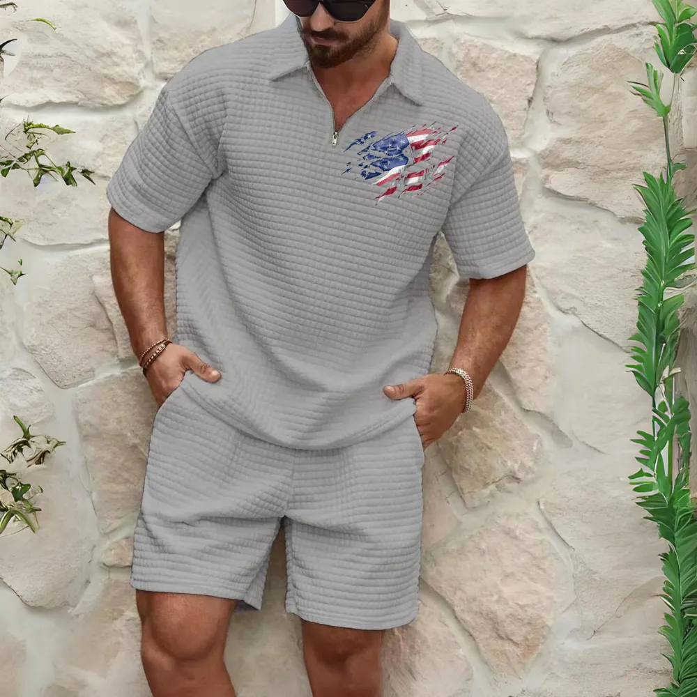 USA FLAG COMFORTABLE WAFFLE SOLID COLOR POLO SPORT SET