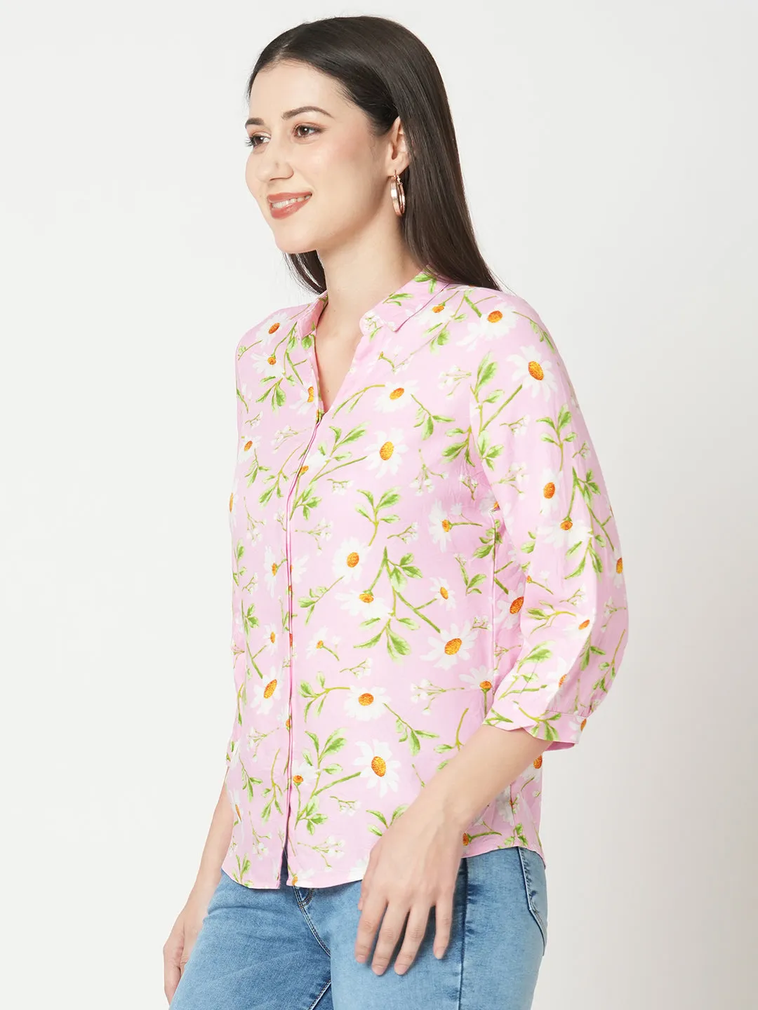 Women Slim Fit Pink Floral Printed Shirt