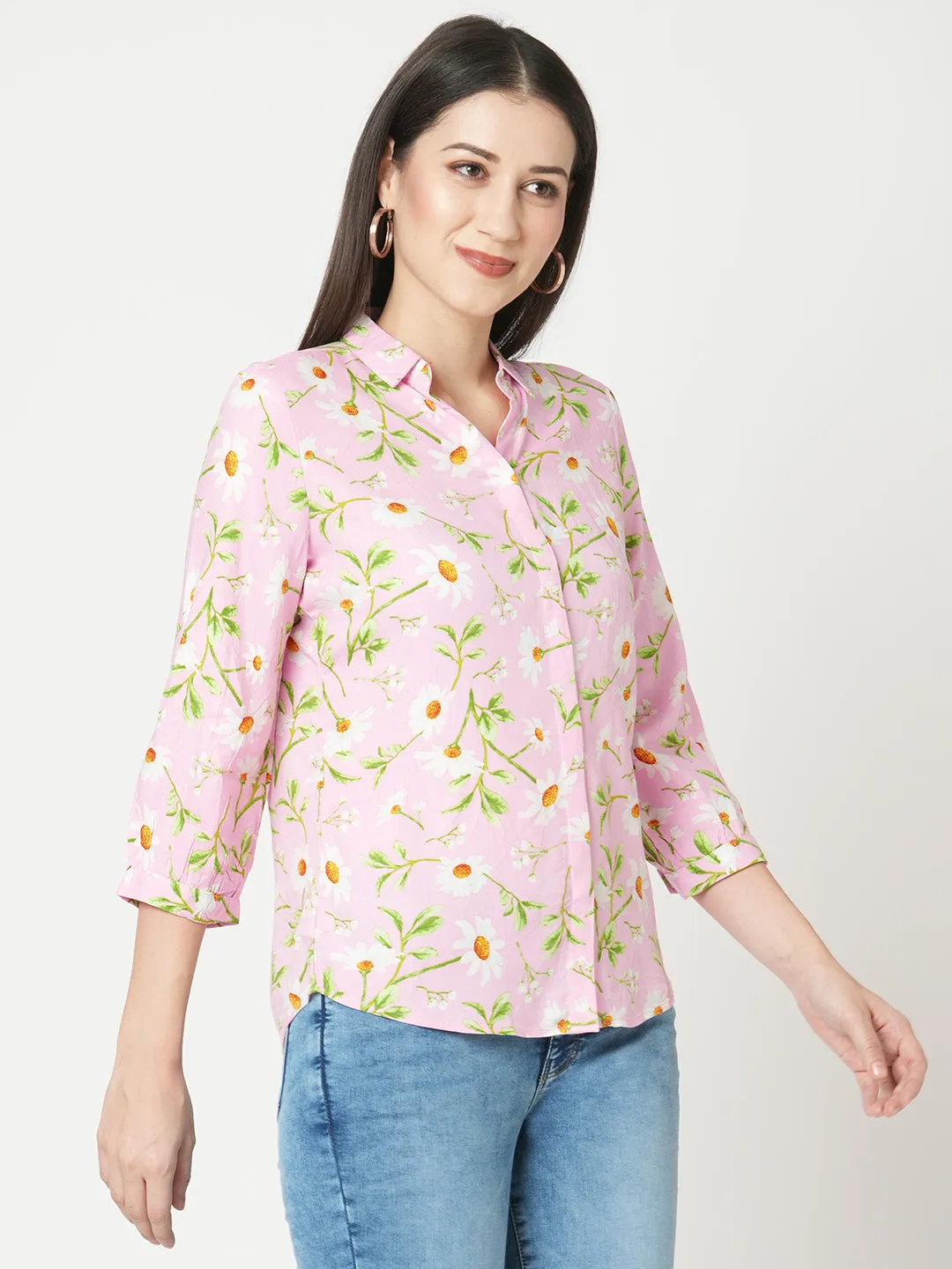 Women Slim Fit Pink Floral Printed Shirt