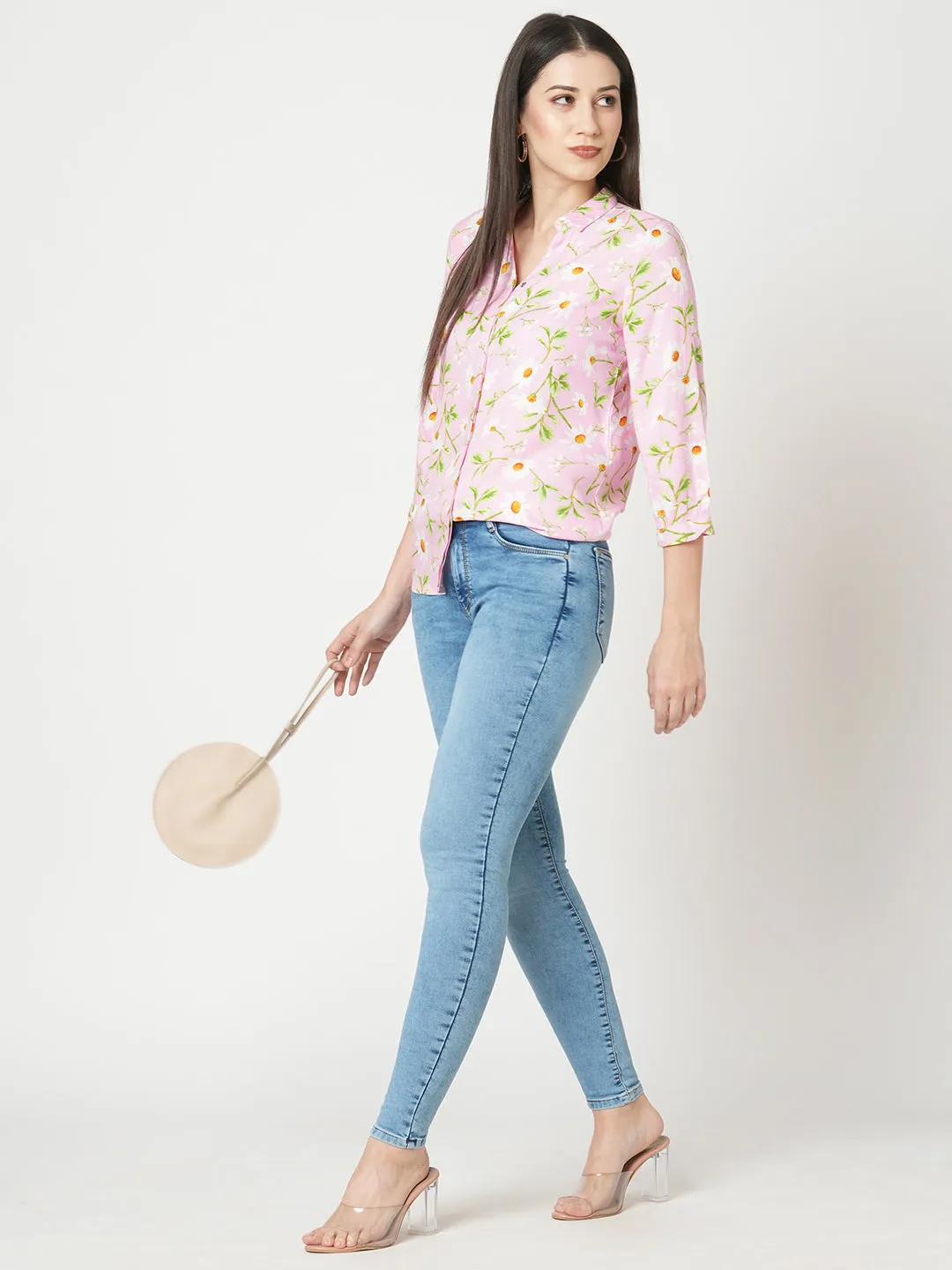 Women Slim Fit Pink Floral Printed Shirt