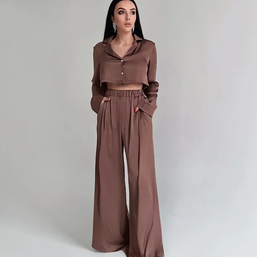 Women's Crop Top and Baggy Pants Ice Silk Pajamas Set