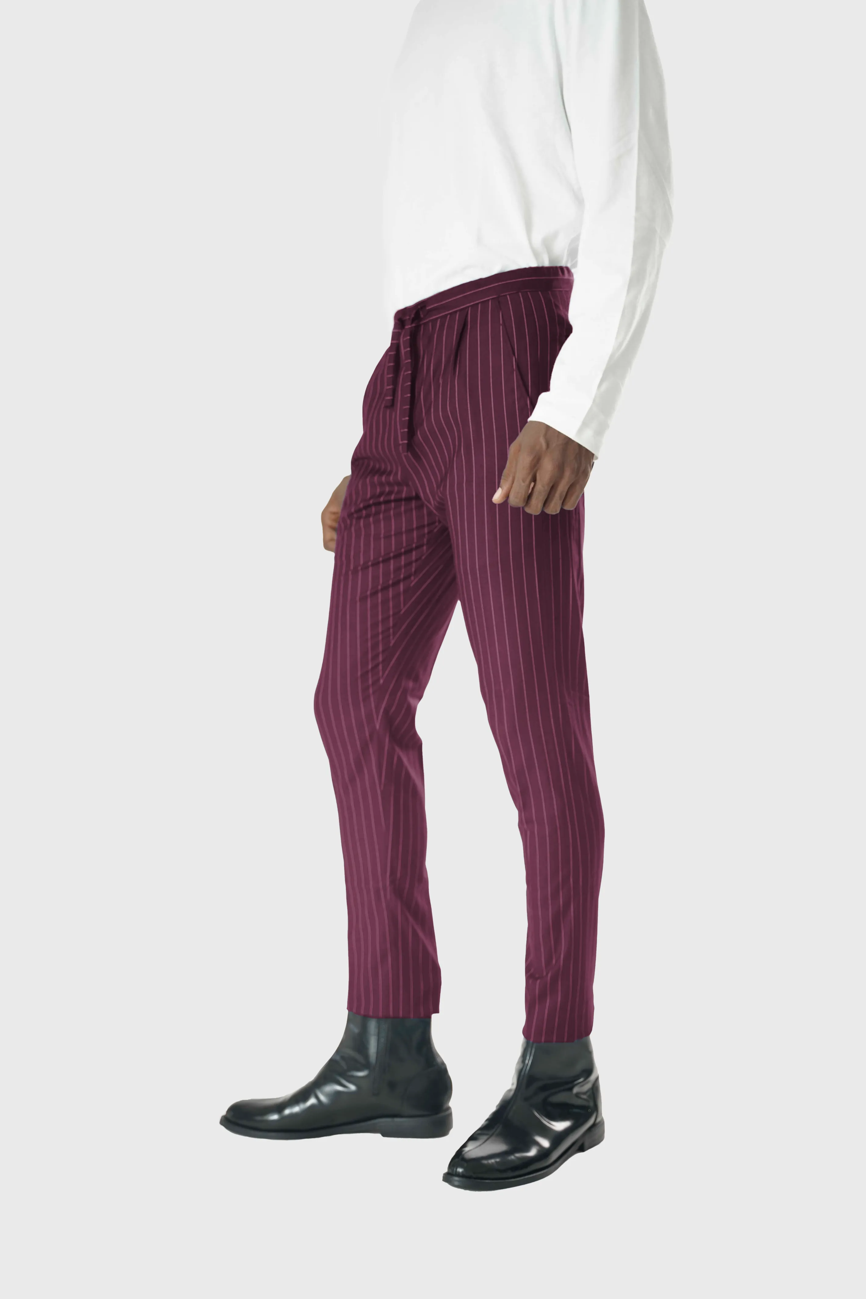 Wool Drawstring Pants in Purple Pinstripe