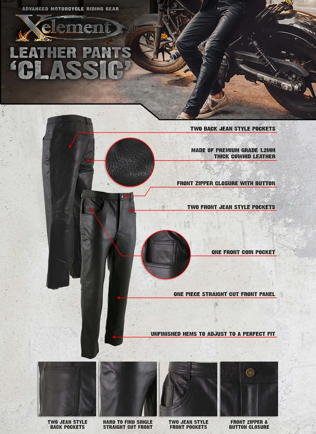 Xelement B7400 Men's 'Classic' Black Fitted Leather Pants